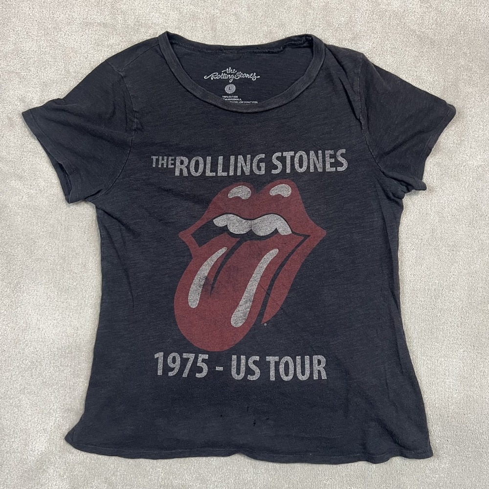 The Rolling Stones T-Shirt Womens Large Black 1975 US Tour Graphic Distressed